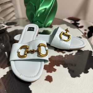 NWOB: Zac Posen Sky Blue Leather Sandals with Gold Buckles